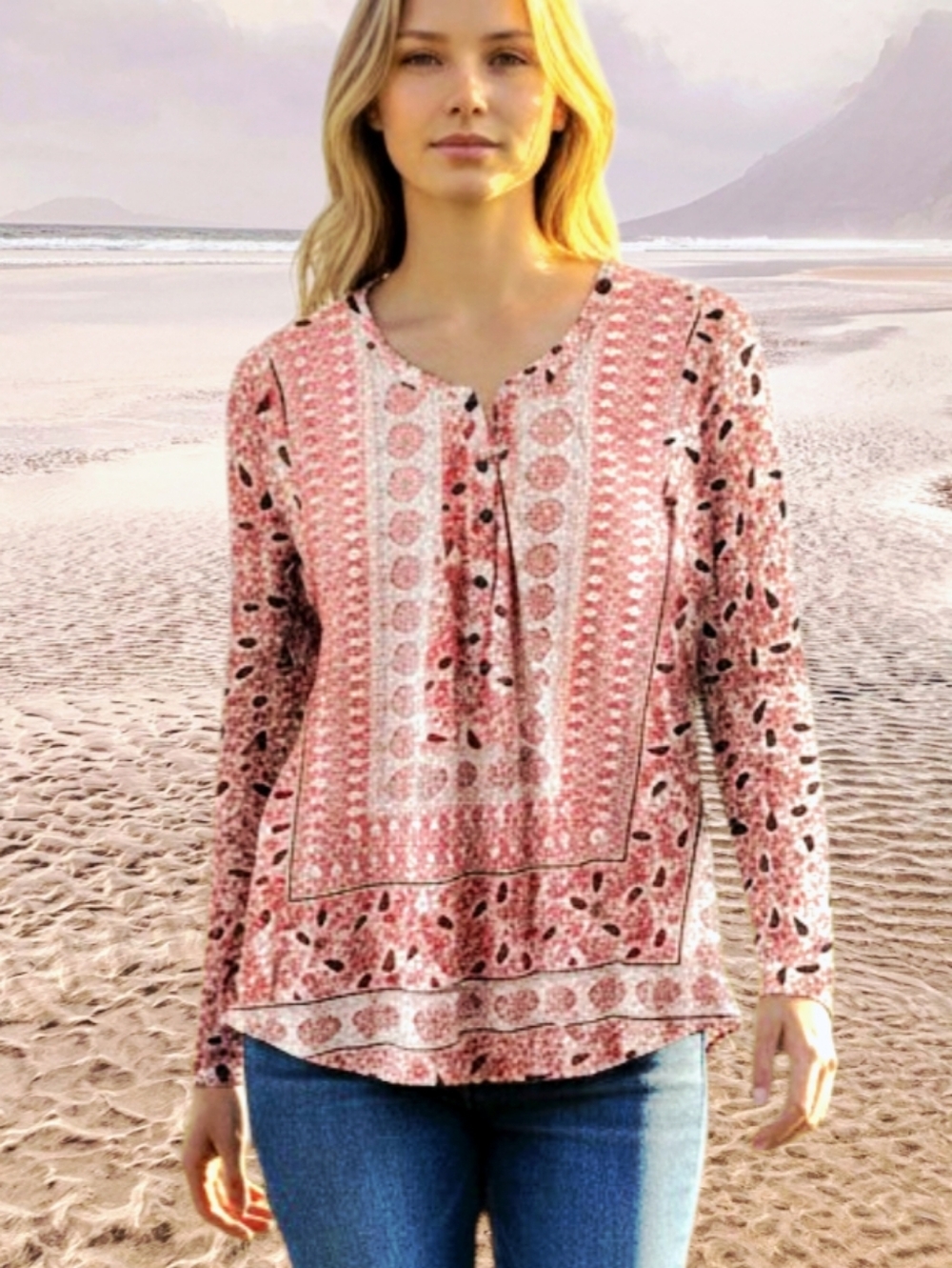 Indigo Long Sleeve T-shirt Quarter Button Down Coral Pink Bohemian Paisley Sz L